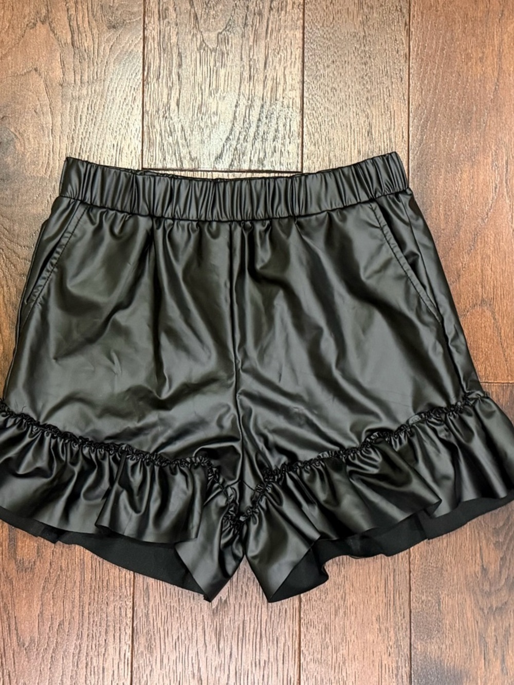 Women’s High-Waist Black Faux-Leather Ruffle Shorts
